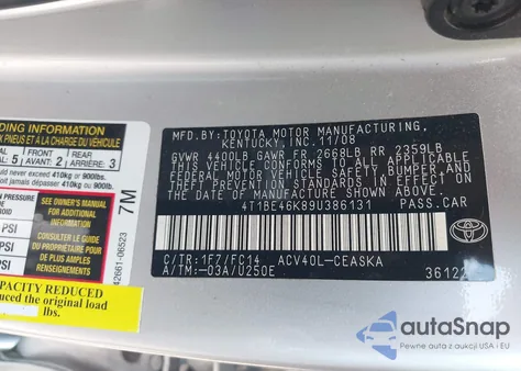 2009 Toyota Camry Se from USA, damaged, VIN 4T1BE46K89U386131